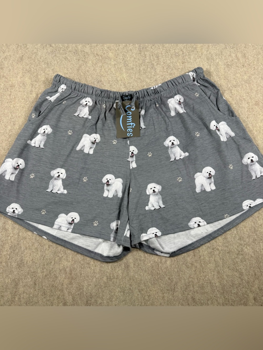 Comfies Gray Bichon Print Lounge Shorts Women’s avail. In Sz M and a Sz XL NWT